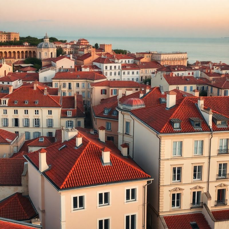 Aerial view of Nice old town rooftops at dusk in warm cream and terracotta tones