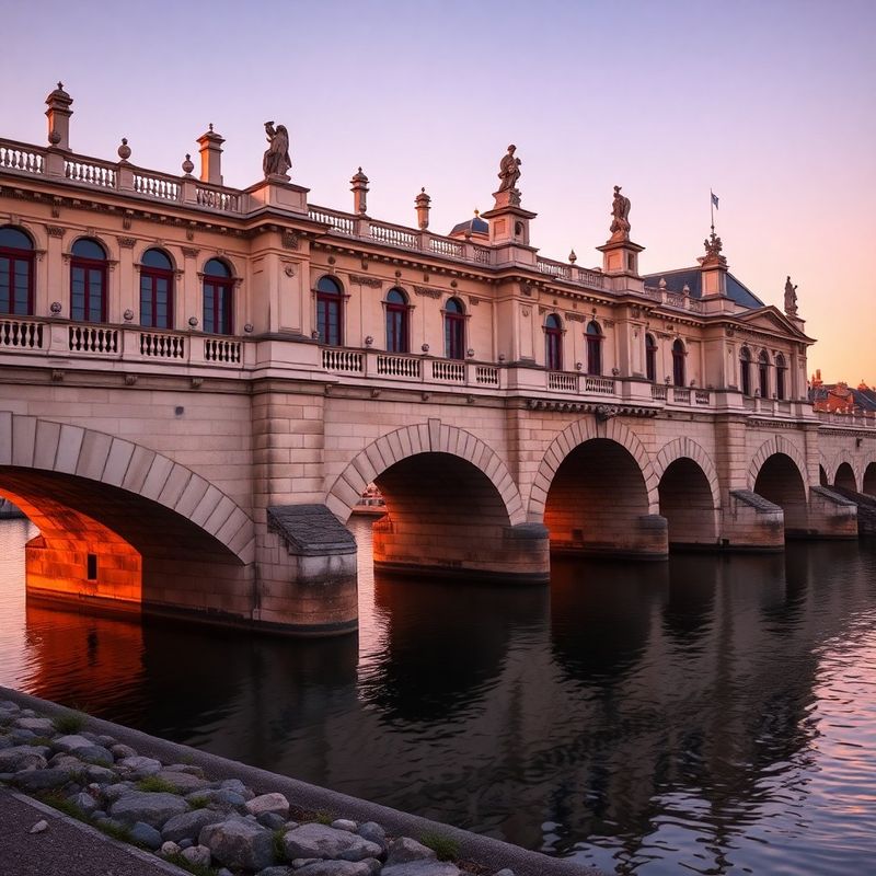 Stone bridge over calm water at golden hour, evoking cross-border passage and architectural rigour