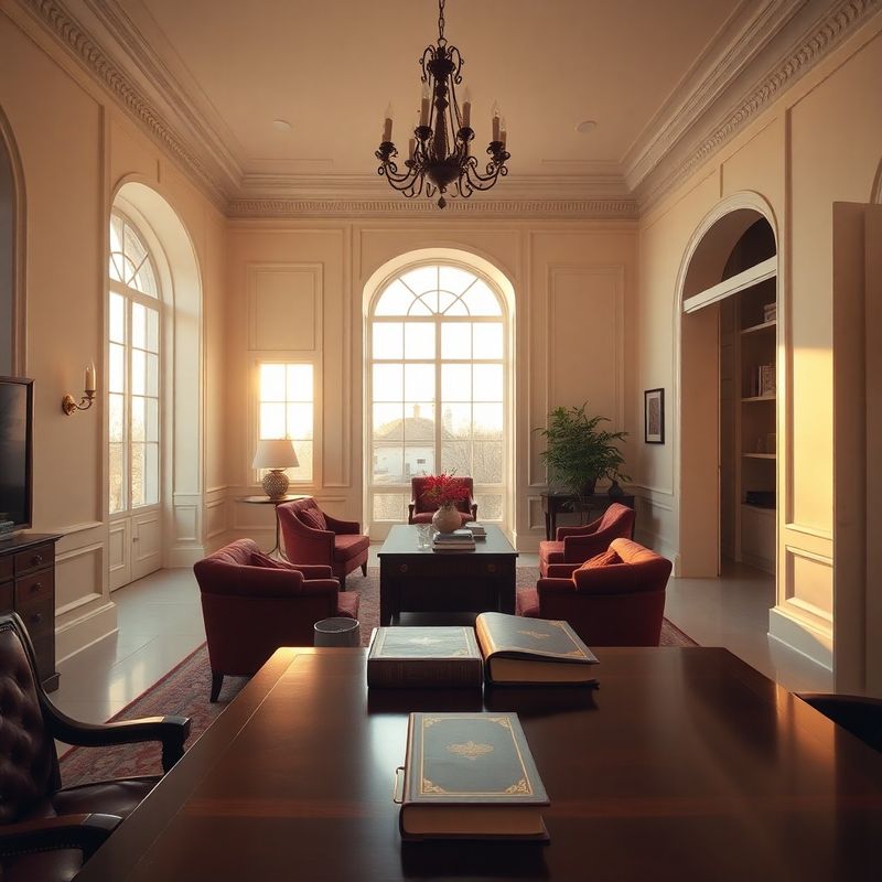 Sophisticated cream-and-burgundy financial advisory office interior with mahogany desk